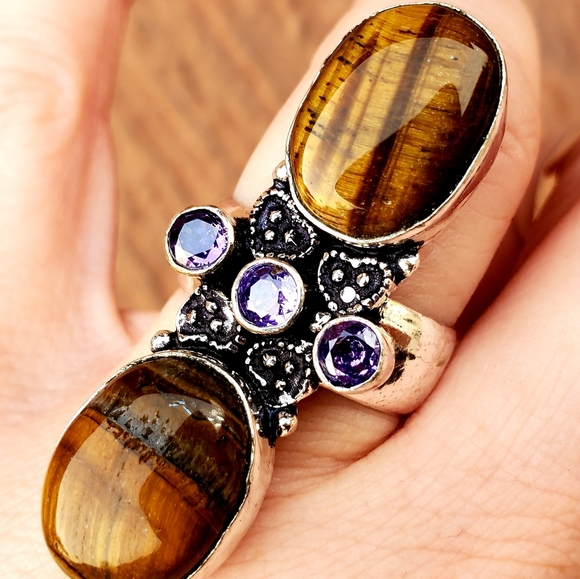 New Stunning Oversized Tiger Eye and Amethyst 925 Silver Statement Ring. - Picture 6 of 16